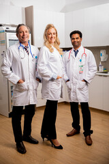 A Professional Medical Team of Doctors. One Female Two Males with Generic ID Badges, Lab Coats and...