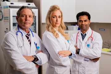 A Professional Medical Team of Doctors. One Female Two Males with Generic ID Badges, Lab Coats and...