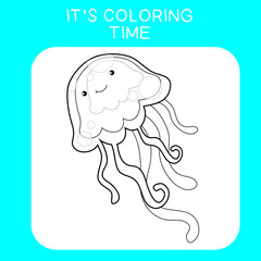 Coloring sea animals worksheet page. Educational printable coloring worksheet. Coloring game for preschool children. Black and white vector illustration. Motor skills education.