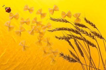 wheat and pasta on yellow background 