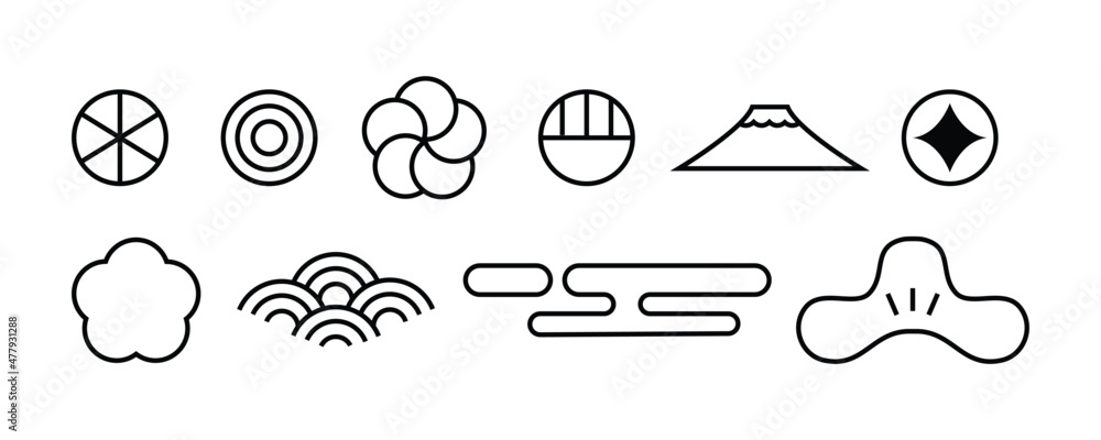 Poster a simple element set of the japanese symbol illustrations. minimalist design in various shapes. a de