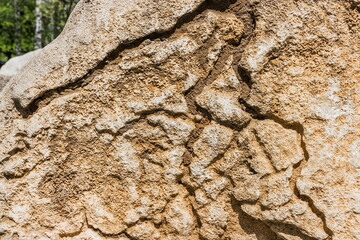 Stone with lightning grooves. A beautiful stone in a park with unusual grooves