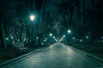 The main alley of a night early winter park in a light fog. Footpath in a fabulous late autumn city park at night with benches and latterns. Beautiful cold evening in Mariinsky Park. Kyiv, Ukraine.