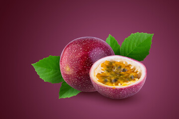 Whole passionfruit and a half of maracuya isolated on red background.