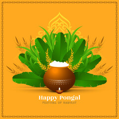 Happy Pongal festival card with banana leaves and sugarcane