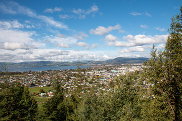 View over Rotorua towards the Lake from Sykline, North Island, New Zealand