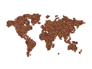 World map made with coffee beans on a white isolated background. Export, production, supply,...