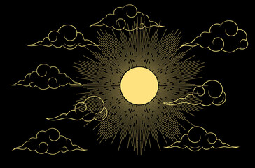 Sun and clouds. Graphic design element in oriental style.