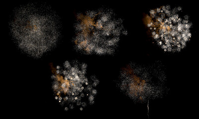 Textures of festive fireworks and bright particles on a black background - 477936080