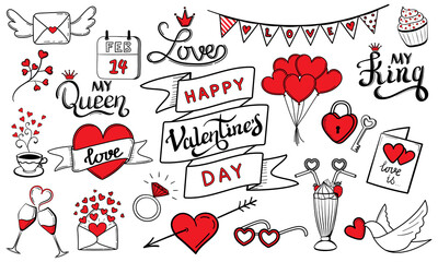 Happy Valentine's day lettering and doodle style set with hand drawn elements in red and black colors. Vector illustration