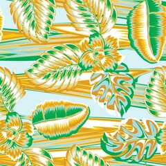 Fototapeta na wymiar colorful abstract wave texture background with tropical leaves and flower plants foliage seamless pattern. Colorful stylish floral. Floral background. Exotic tropic. Summer design. fashionable print