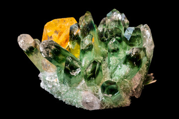 Magnificent yellow citrine among green quartz crystals