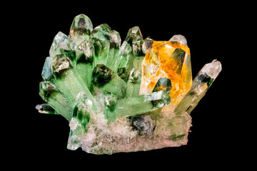 Magnificent yellow citrine among green quartz crystals