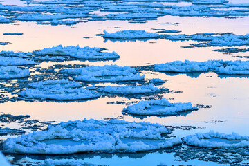 Ice floes float along a river Neman. Ice drift. Winter in Europe