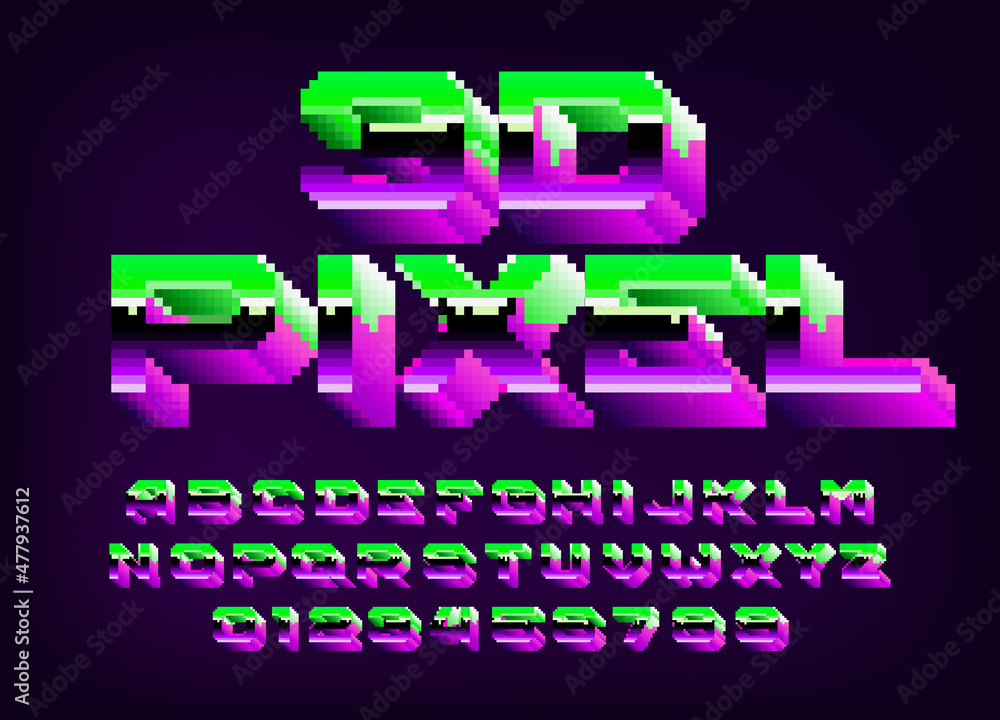 Poster 3d pixel alphabet font. digital letters and numbers. 80s arcade video game typescript.