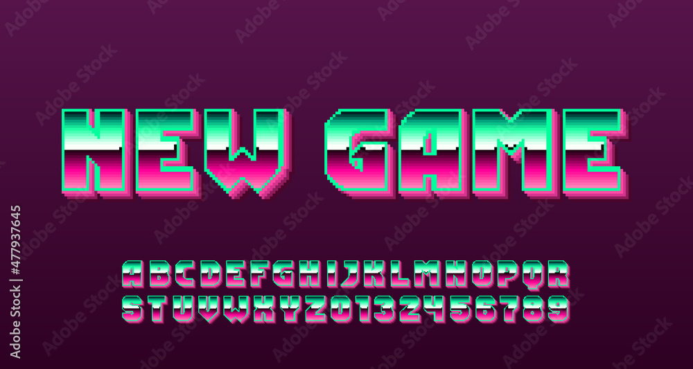 Fototapete new game alphabet font. pixel gradient letters and numbers. 80s arcade video game typescript.