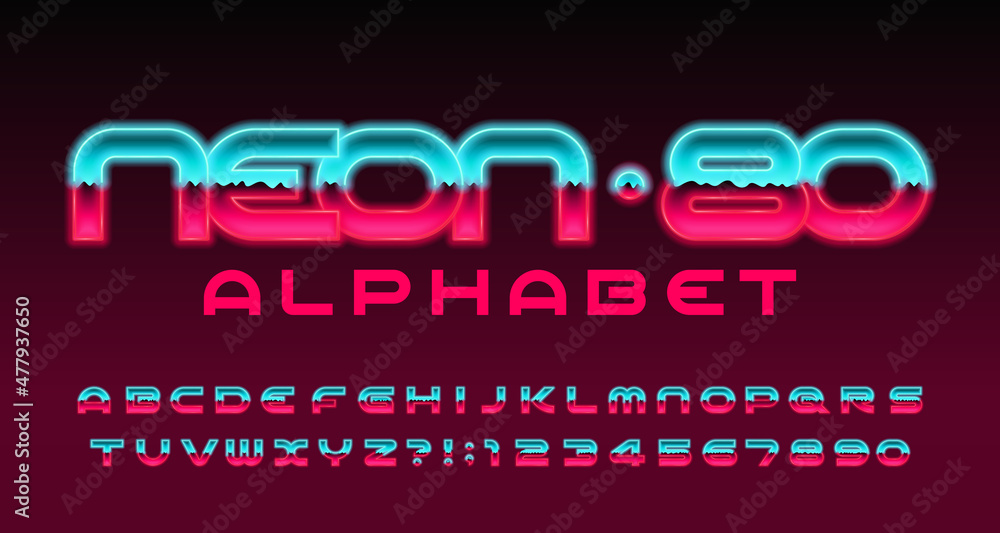 Poster neon 80 alphabet font. glowing letters and numbers. stock vector typeface for your typography in ret