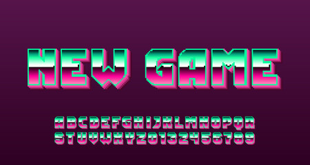New Game alphabet font. Pixel gradient letters and numbers. 80s arcade video game typescript. © epifantsev