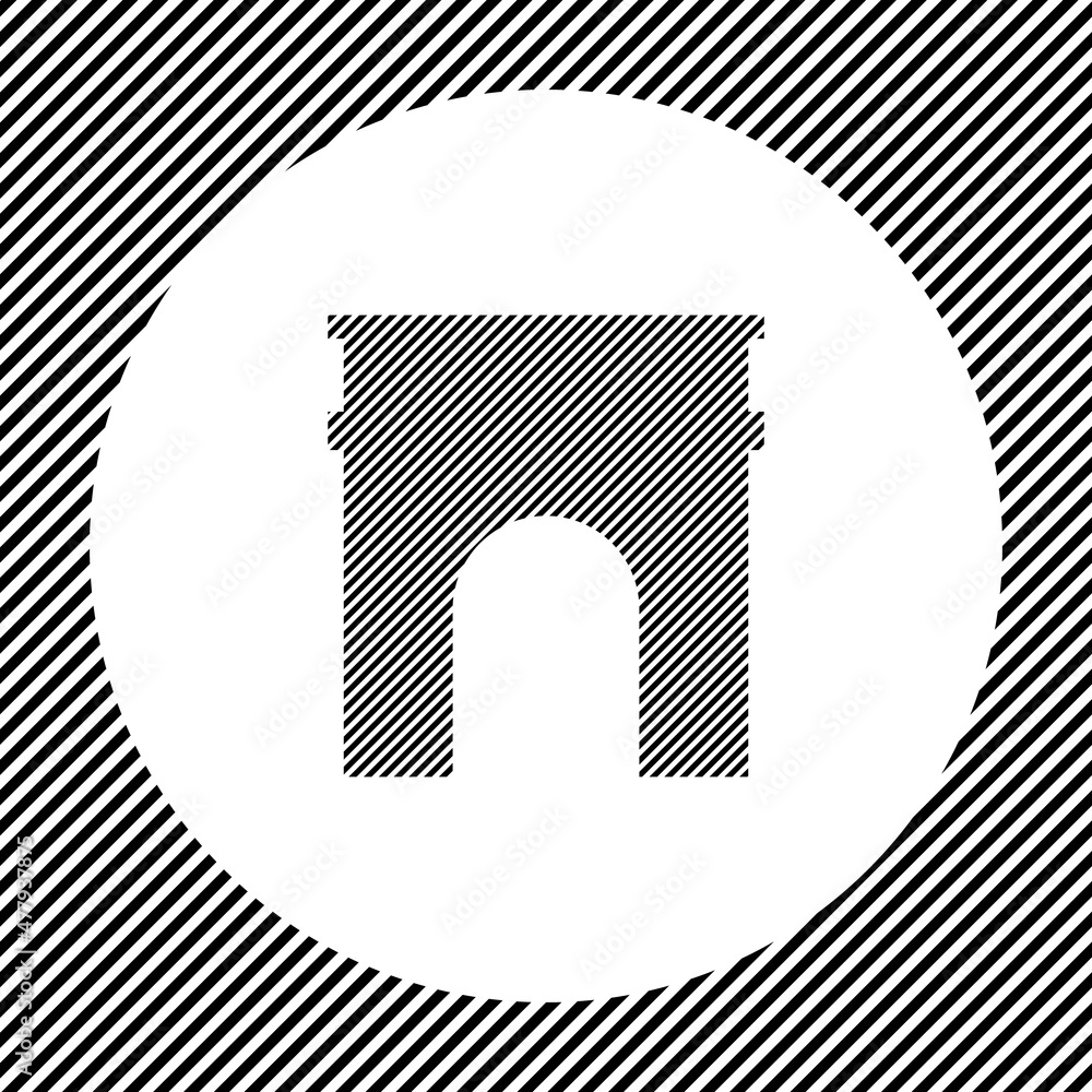 Poster a large arch symbol in the center as a hatch of black lines on a white circle. interlaced effect. se