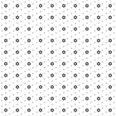 Square seamless background pattern from black star of David symbols are different sizes and opacity. The pattern is evenly filled. Vector illustration on white background