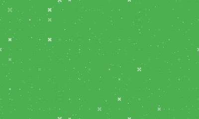 Seamless background pattern of evenly spaced white abstract star symbols of different sizes and opacity. Vector illustration on green background with stars