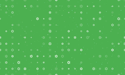 Seamless background pattern of evenly spaced white star of David symbols of different sizes and opacity. Vector illustration on green background with stars