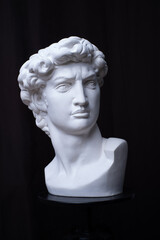 Statue. On a black isolated background. Gypsum statue of David's head. Man.