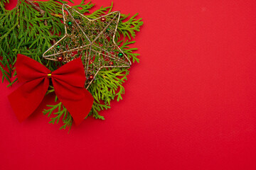 A beautiful New Year's composition on a red background. New Year and Christmas