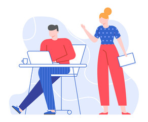 Boss give task office worker at computer