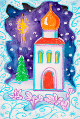 Temple and Christmas star on the background of the night snowy sky. The image is suitable for Christmas and New Year holiday cards