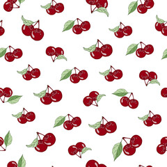 Hand-drawn seamless pattern with ripe cherries for backgrounds, fabric, templates, wallpaper, cards.