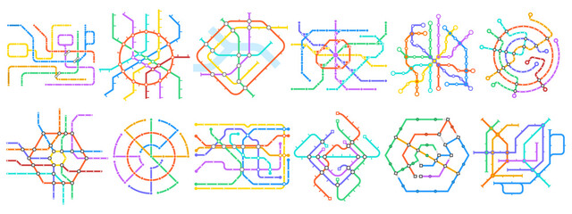 Metro subway maps, public transport, underground tube schemes. Subway transportation schemes, public transport plan vector illustration set. Underground train stations maps