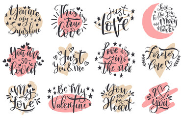 Handwritten romantic love valentines day lettering quotes. Happy valentines day romantic phrases vector illustration set. Lettering positive calligraphy elements
