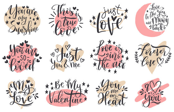 Handwritten romantic love valentines day lettering quotes. Happy valentines day romantic phrases vector illustration set. Lettering positive calligraphy elements