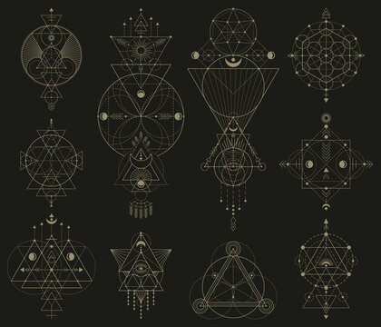Mystic sacred geometric linear shapes, abstract mystical signs. Abstract sacred linear shapes vector illustration set. Geometric occult sacramental symbols