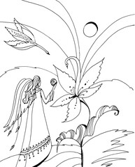 Silhouette of an angel girl with wings and two swans in the form of abstract patterns. The composition is hand-drawn in ink. Contemporary Surrealist Art