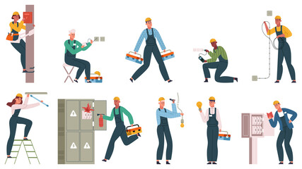 Professional electrician workers in uniform service electrical grid. Electricians service power grids, changing lamp bulb vector illustration set. Electricians workers scenes