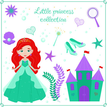Princess in dress and tiara. Children's illustration, vector. Stickers for girls.