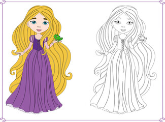 Princess coloring page for girls, vetor, children's illustration
