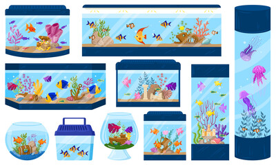 Fototapeta na wymiar Cartoon aquariums with underwater fish, algae and corals. Aquarium underwater fish pet vector illustration set. Aquaria environment with sea wildlife