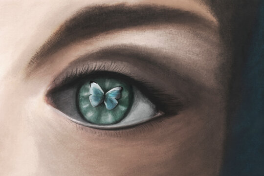 surreal woman with butterfly on the iris of the eye