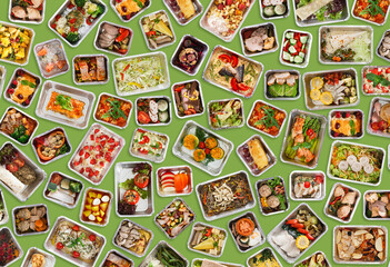 Prepared Everyday Meals In Foil Take Away Containers Over Green Background