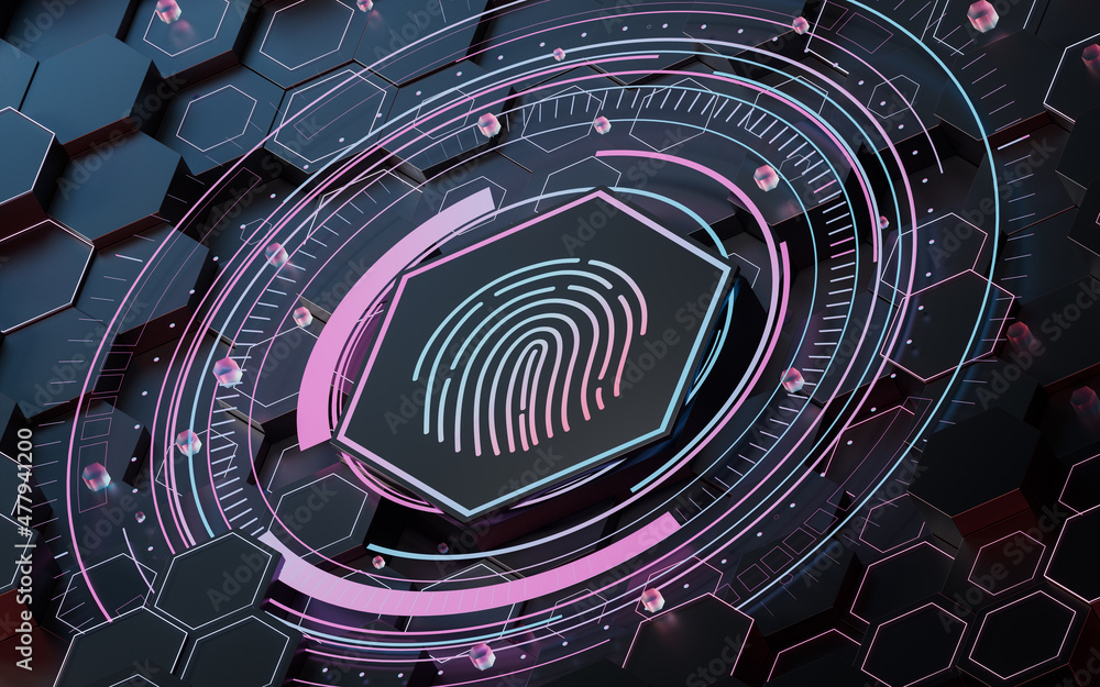 Poster fingerprints with hexagonal background, 3d rendering.