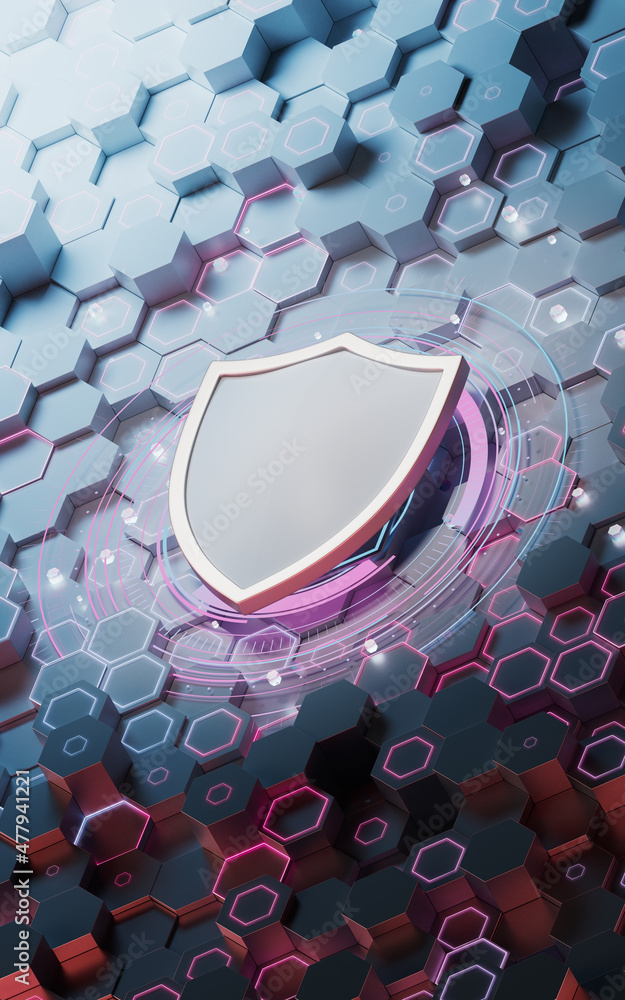 Poster shield and hexagonal background, 3d rendering.