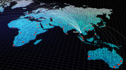 Global connectivity from Bangkok, Thailand to other major cities around the world. Technology and network connection, trading and traveling concept. World map element of this clip furnished by NASA