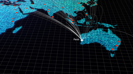 Global connectivity from Perth, Australia to other major cities around the world. Technology and network connection, trading and traveling concept. World map element of this clip furnished by NASA