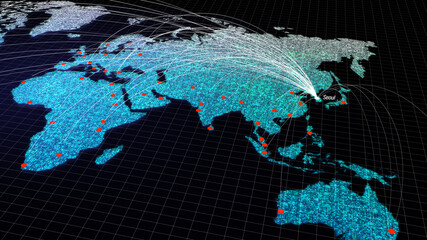 Global connectivity from Seoul, South Korea to other major cities around the world. Technology and network connection, trading and traveling concept. World map element of this clip furnished by NASA