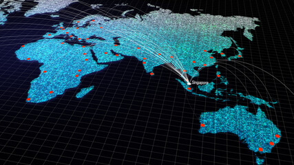 Global connectivity from Singapore to other major cities around the world. Technology and network connection, trading and traveling concept. World map element of this clip furnished by NASA