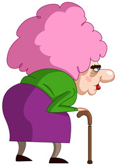 Old lady woman with a walking stick cane and a pink hair