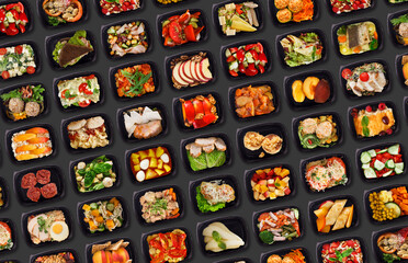 Eating Right Concept. Take Away Containers With Healthy Food Over Black Background